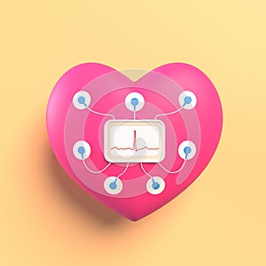 Toy heart with holter and sensors on a light yellow background. Electro Cardiogram. 3d rendering