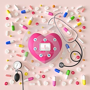 Toy heart with holter and sensors, Stethoscope, tonometer, pills on a light pink background. 3d rendering