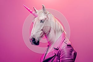 Toy horse with a magenta mane and pink jacket and tie on a pink background