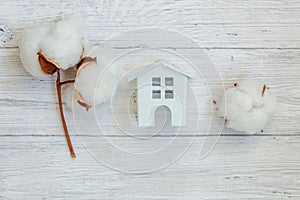 Toy House and cotton flowers on wooden background