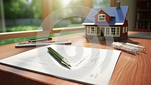 A toy house layout enclosed by a pen, with a home deed nearby, visually signifies the journey and accomplishment of homeownership