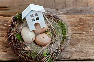 Toy house in nest on wooden background