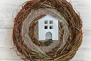 Toy house in nest on wooden background