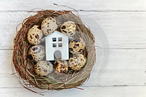 Toy house in nest on wooden background