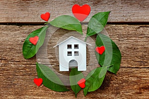 Toy House with red hearts and green leaves