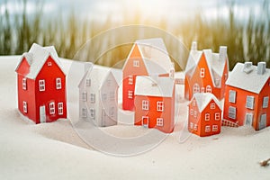 Toy houses creating a snowy playland - a charming miniature village scene for wintertime fun