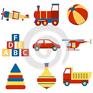 Toy icon collection, vector color illustration. Set colorful children toys cartoon. Toys for child to play