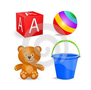 Toy icon set - block, ball, bucket, bear