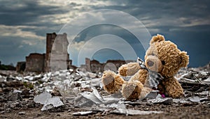 Toy inbetween ruins. Dark cloudy sky.