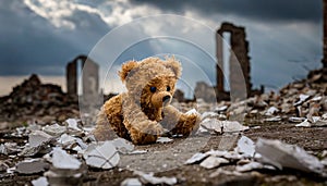 Toy inbetween ruins. Dark cloudy sky.