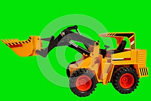 Toy JCB machine of yellow colour with mechanical details