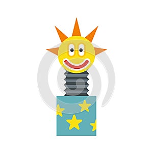 Toy jumping out of box icon, flat style