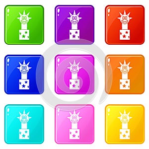 Toy jumping out of box icons 9 set