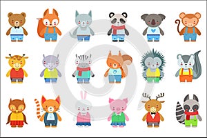 Toy Kids Animals In Clothes Characters Set. Cute Cartoon Childish Style Illustrations Isolated