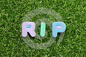 Toy letter in word RIP abbreviation of rest in peace on green grass background