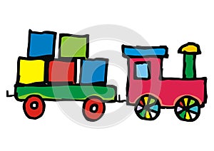 Toy, locomotive, wagon and cubes, colored doodle illustration