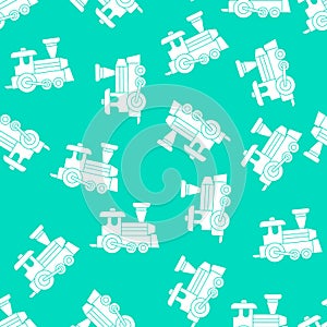 Toy locomotives seamless pattern for kids. Textiles, wallpaper, packaging. Vector white and blue background