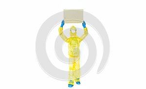 Toy man in hazmat suit holds a cardboard. Viral epidemic, biological, chemical, radioactive danger, mockup, copy space