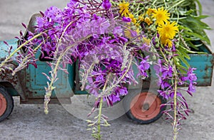 toy metal machine with traces of corrosion. Rust on the machine's gland. Flowers of fireweed by car