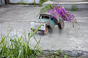 toy metal machine with traces of corrosion. Rust on the machine's gland. Flowers of fireweed by car