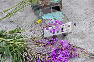 toy metal machine with traces of corrosion. Rust on the machine's gland. Flowers of fireweed by car