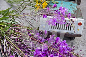 toy metal machine with traces of corrosion. Rust on the machine's gland. Flowers of fireweed by car