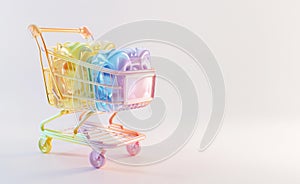 Toy metallic pastel shopping cart on grey background, 3d style illustration