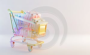 Toy metallic pastel shopping cart on grey background, 3d style illustration