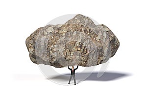 Toy miniature businessman figure lifting a huge and heavy stone, concept isolated on white background