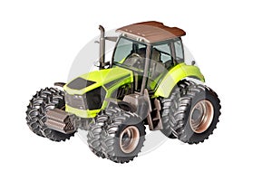 Toy model of a powerful construction maneuverable tractor with wide wheels. The image is isolated on a white background photo