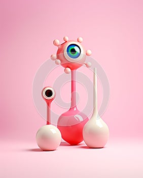 Toy monster shaped elements with eyes. Funny 3D conceptual background.