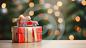A toy old vintage retro red car on a wooden table with a gift box and a Christmas tree. Christmas New Year greeting card
