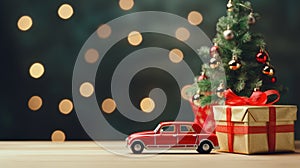 A toy old vintage retro red car on a wooden table with a gift box and a Christmas tree. Side view. Christmas New Year