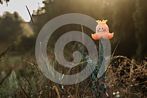 Toy orange octopus on an old green mesh fence on a blurred background with meadow and dew