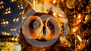 Toy owl by Christmas tree at night. Christmas decor at home. Xmas owl in golden lights and shimmer reflecting in window