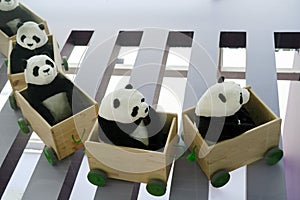 Toy pandas ride in a train car. Pandas in clapboards