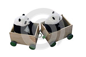 Toy pandas ride in a train car, isolated on a white background. Pandas in clapboards, isolated on a white background