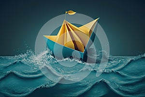 A toy paper boat sits atop a calm sea, its 3D concept illustration bringing to life the imagination of a tiny nautical vessel. Ai