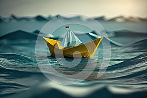 A toy paper boat sits atop a calm sea, its 3D concept illustration bringing to life the imagination of a tiny nautical vessel. Ai