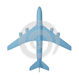 Toy passenger aircraft. Airplane from blue plastic isolated on white background. 3d illustration