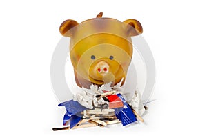 A toy pig with a pile of garbage in the foreground.