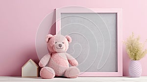 Toy pink plush bear with a wooden frame on a pink background. Mock up