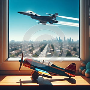 Toy plane is reflected in a jet fighter flying by window