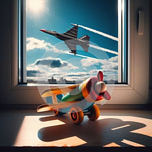 Toy plane is reflected in a jet fighter flying by window