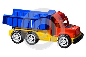 Toy plastic dump truck on a white background