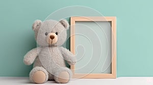 Toy plush bear with a wooden frame on a turquoise background. Mock up