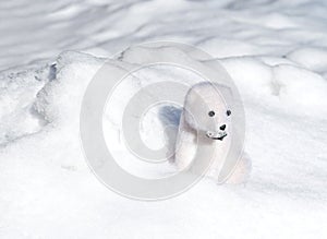 Toy polar bear in snow