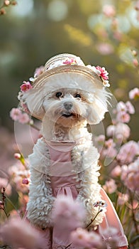 Toy Poodle in pink dress and hat standing in field of pink flowers