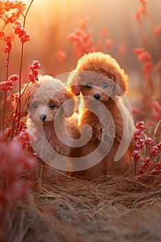 Toy Poodles in a field. A cute poodle puppy. Vertical orientation. Cute poodle dog sitting and relax