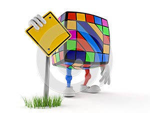 Toy puzzle character with blank road sign